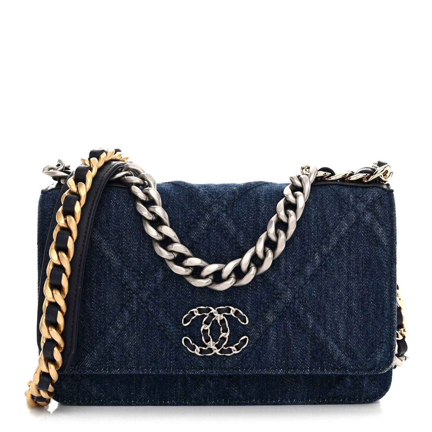 Chanel Denim Quilted Chanel 19 Wallet On Chain WOC Blue