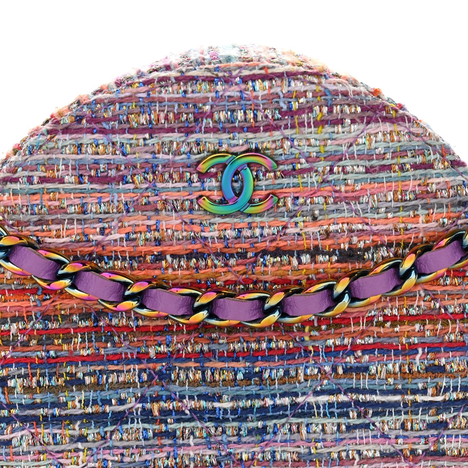 Chanel Tweed Quilted Round Clutch With Chain Blue Pink Orange