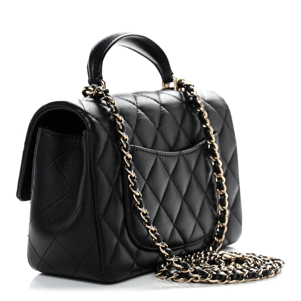 Chanel Lambskin Quilted Mini Top Handle Rectangular Flap Black