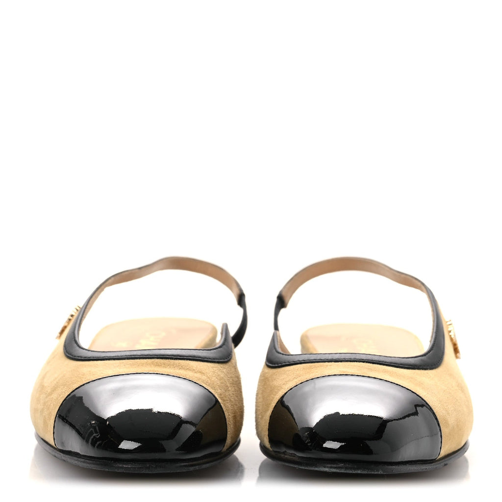 Chanel Suede Patent Crystal CC Cap Toe Slingback Flats 37 Beige Black