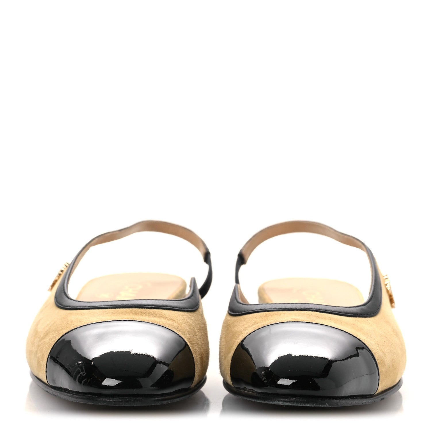 Chanel Suede Patent Crystal CC Cap Toe Slingback Flats 37 Beige Black
