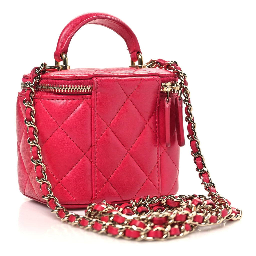 Chanel Lambskin Quilted Mini Top Handle Vanity Case With Chain Dark Pink