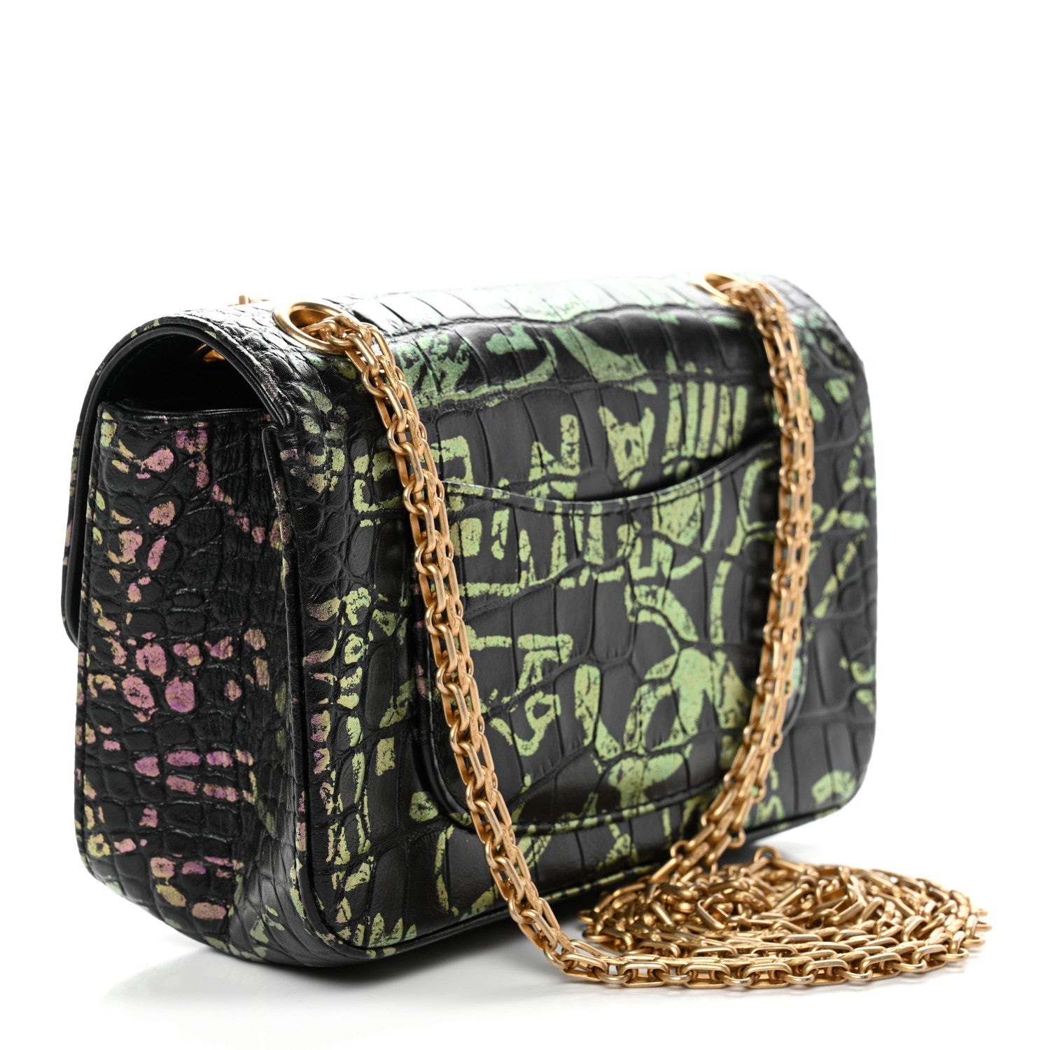Chanel Calfskin Crocodile Embossed Graffiti 2.55 Mini Cocodile Reissue Flap Black Pink