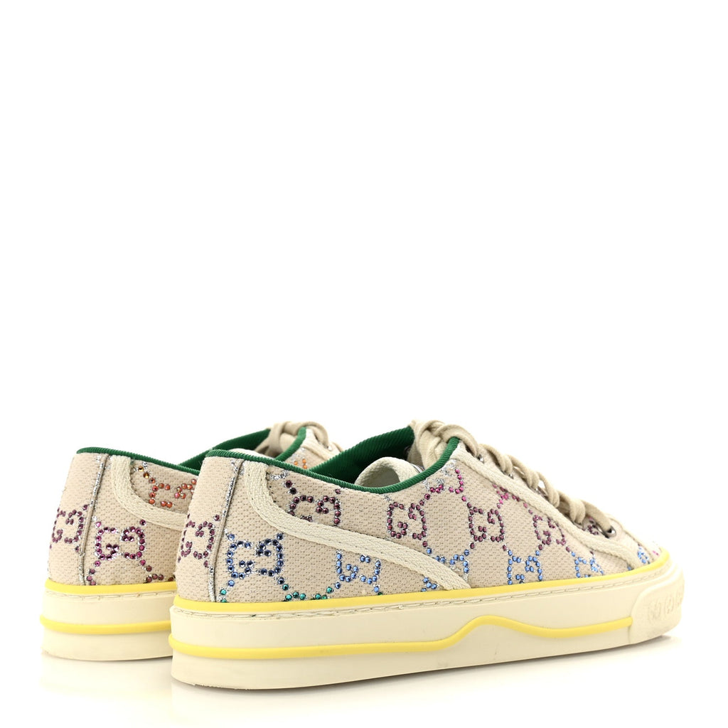 Gucci Canvas Lame Crystal GG Monogram Womens 1977 Tennis Sneakers 36 Gardenia Silver Mystic White