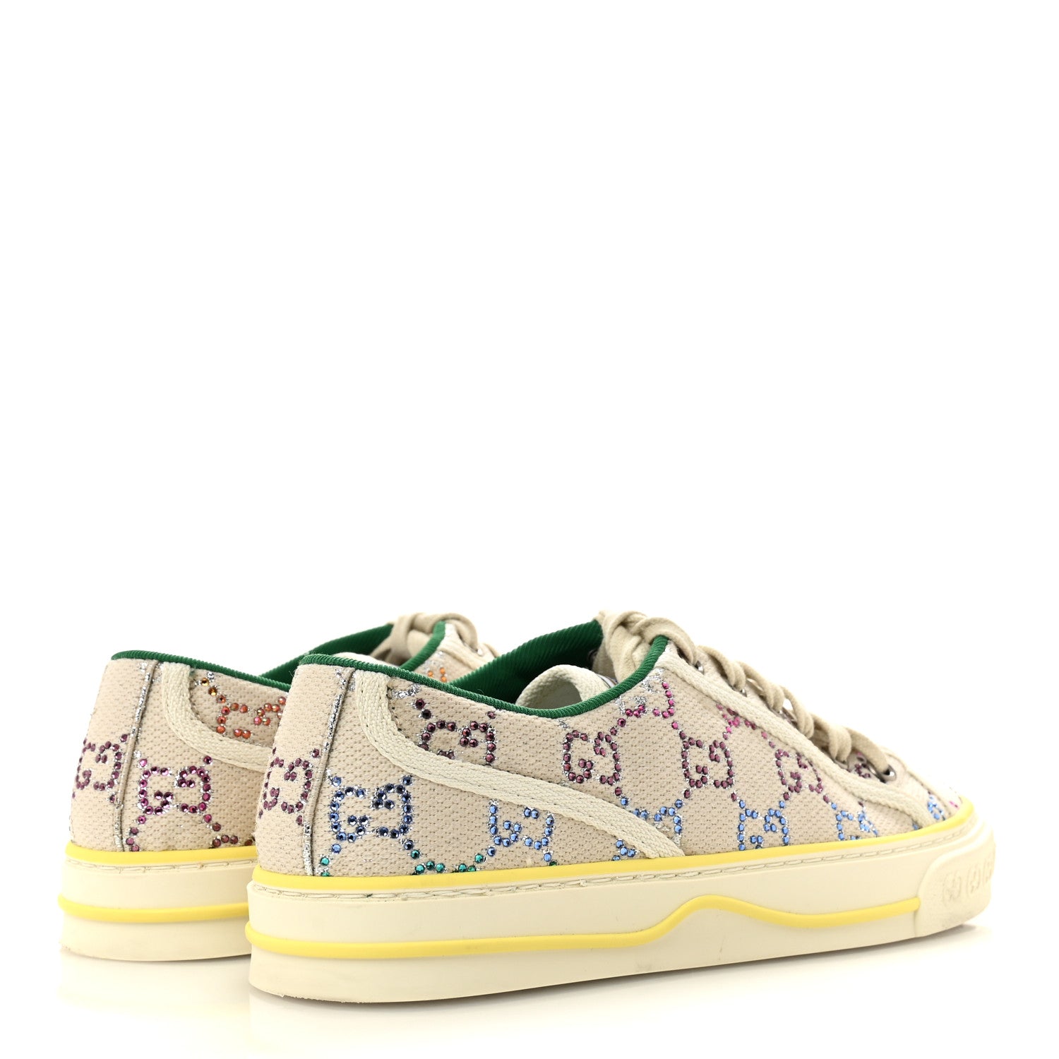 Gucci Canvas Lame Crystal GG Monogram Womens 1977 Tennis Sneakers 36 Gardenia Silver Mystic White