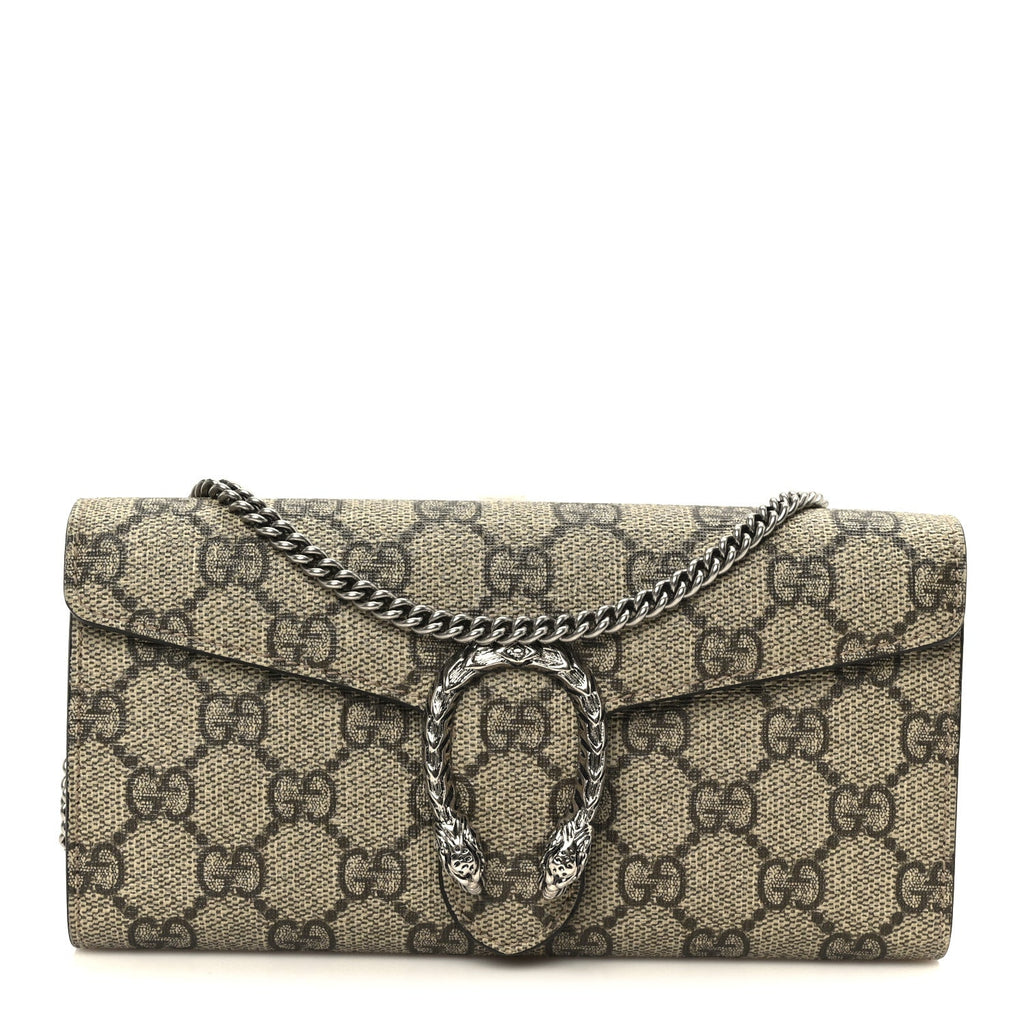 Gucci GG Supreme Monogram Dionysus Chain Clutch Wallet Beige Taupe