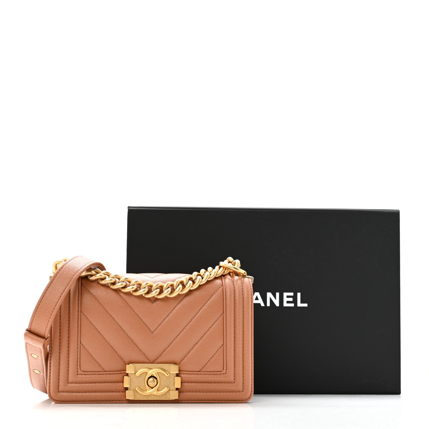 Chanel Caviar Chevron Quilted Small Boy Flap Brown