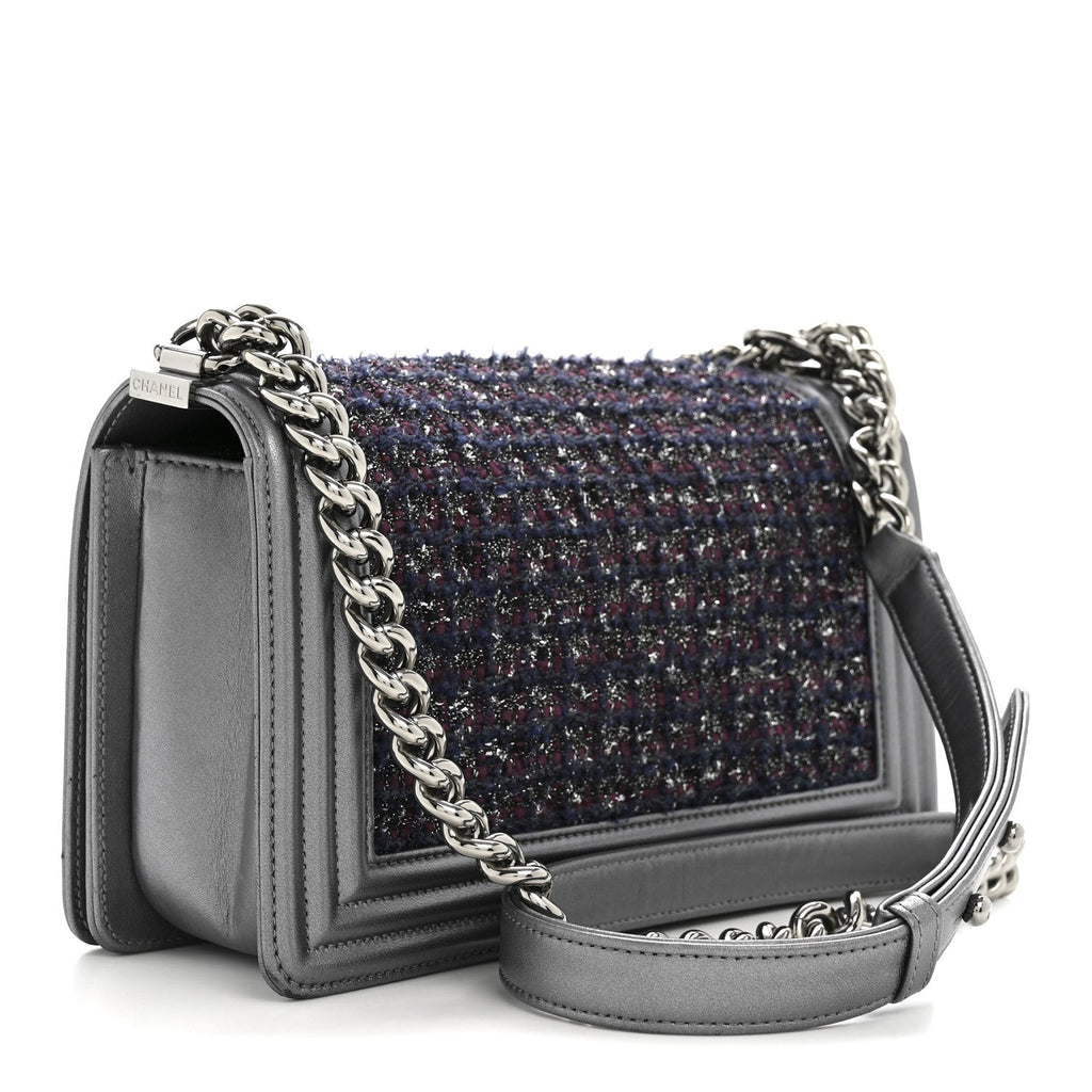 Chanel Tweed Metallic Lambskin Medium Boy Flap Silver