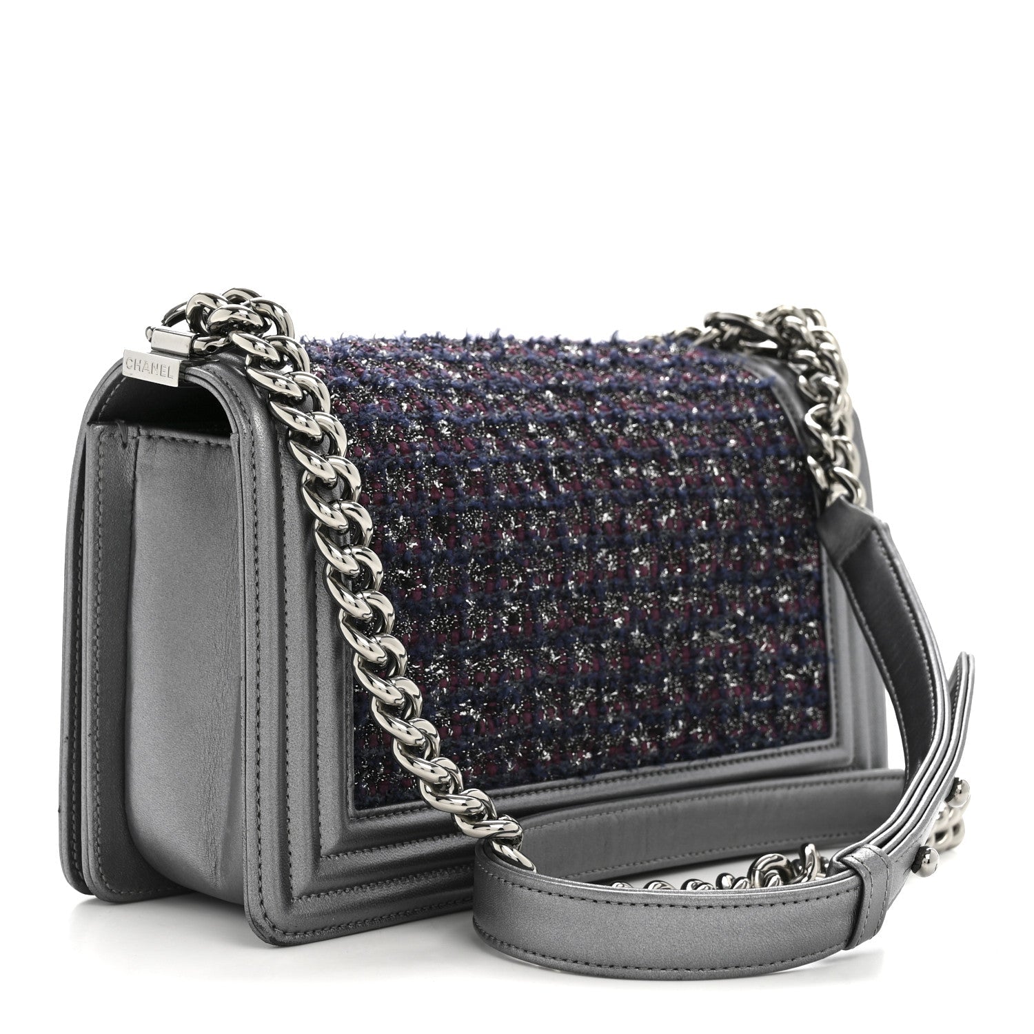 Chanel Tweed Metallic Lambskin Medium Boy Flap Silver