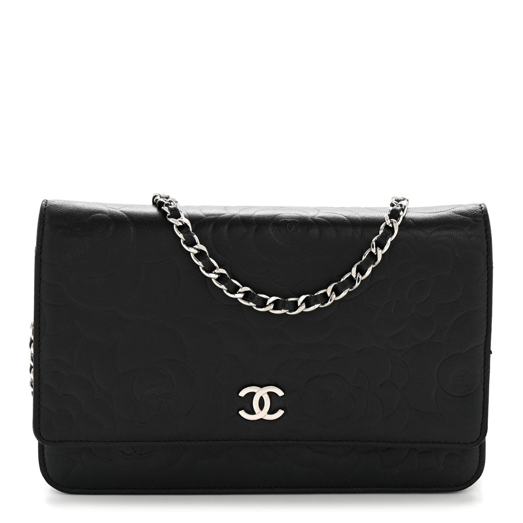 Chanel Lambskin Camellia Embossed Wallet On Chain WOC Black