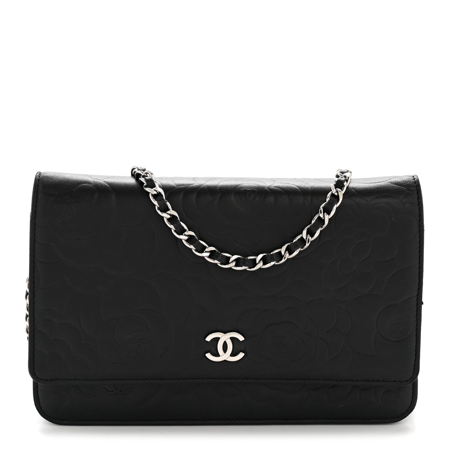 Chanel Lambskin Camellia Embossed Wallet On Chain WOC Black