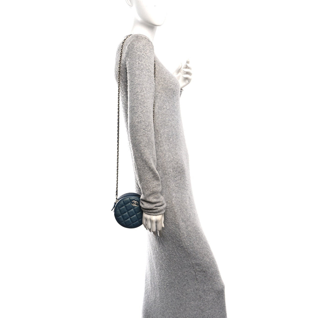 Chanel Iridescent Caviar Quilted Round Clutch With Chain Blue