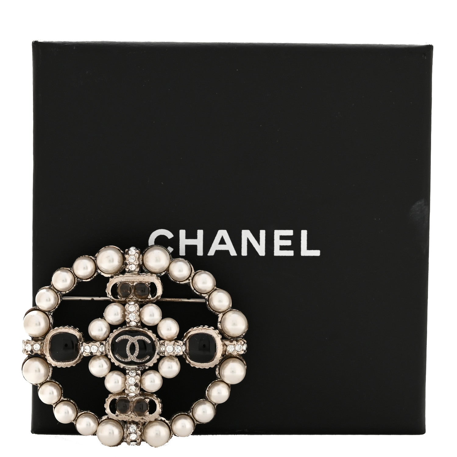 Gripoix Poured Glass Crystal Pearl Brooch Black Silver