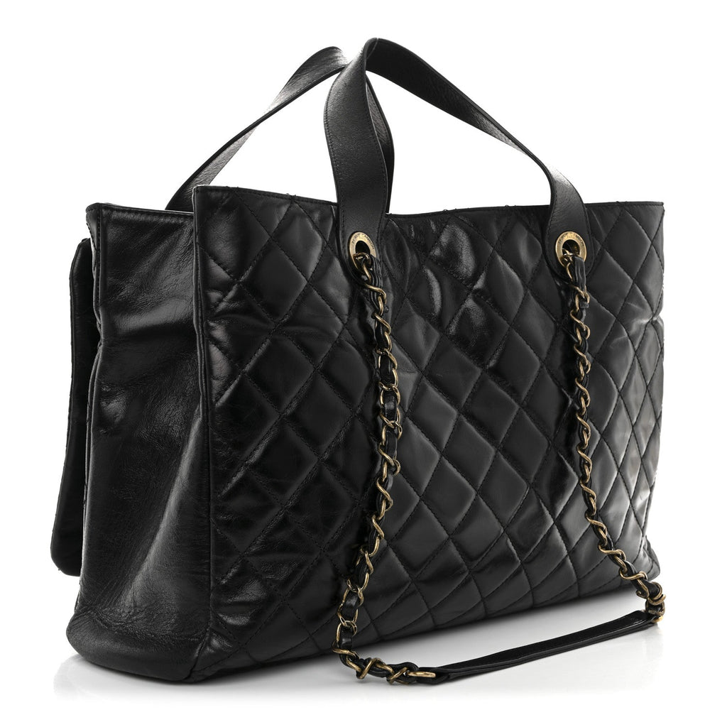 Chanel Snakeskin Glazed Calfskin Quilted Urban Mix Tote Black