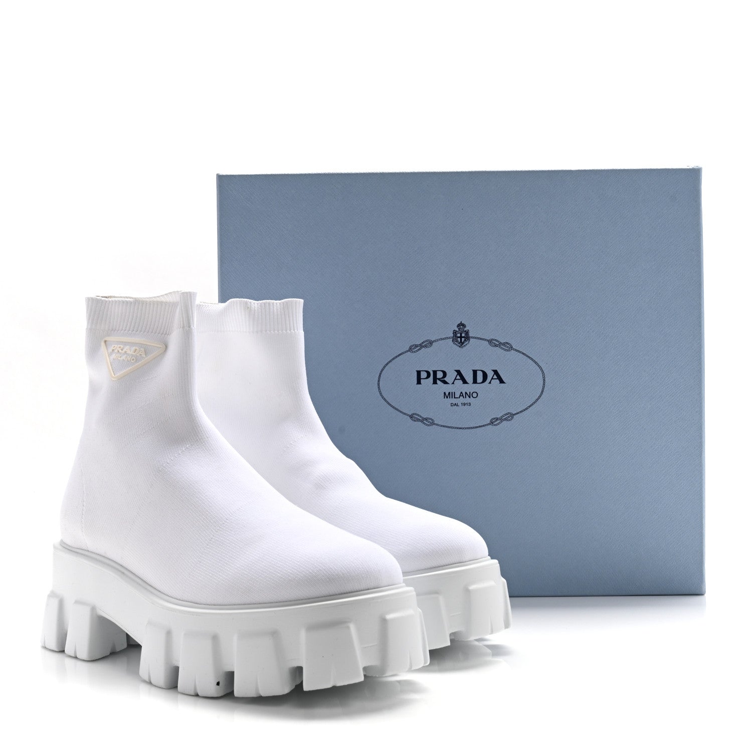 Prada Knit Rubber Triangle Logo Monolith 55mm Ankle Boots 38 Bianco