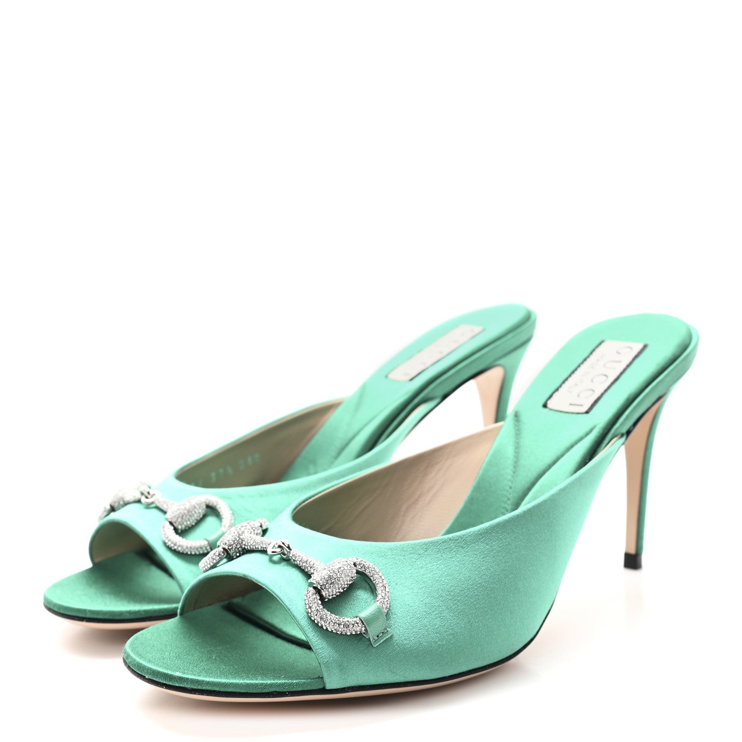 Gucci Raso Seta Malaga Kid Crystal Horsebit Sandals 37.5 Jade Caribbean Green