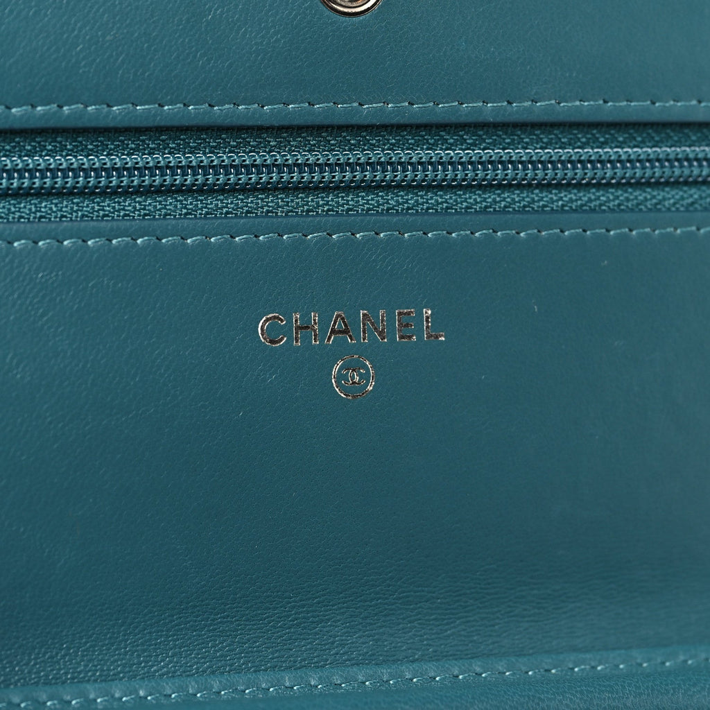 Chanel Lambskin Chevron Quilted Wallet On Chain WOC Turquoise