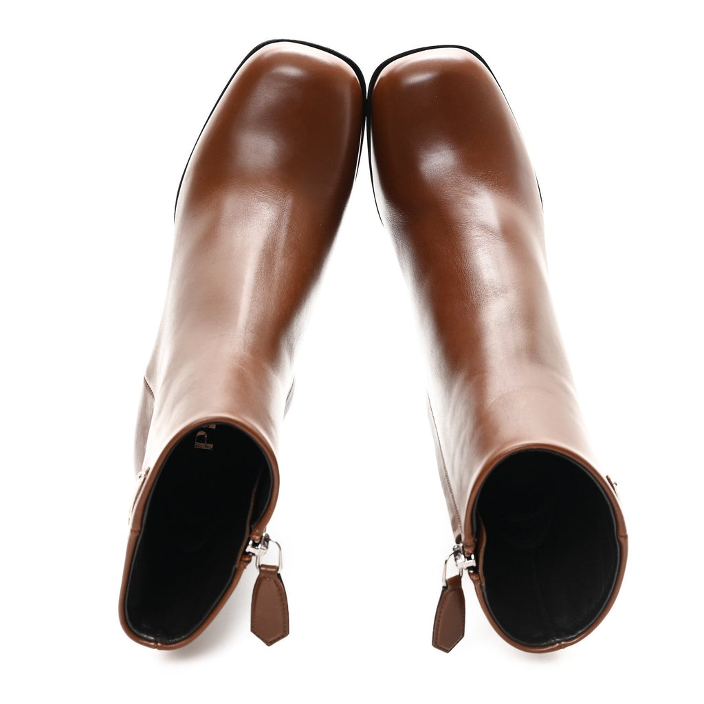 Prada Vitello Triangle Ankle Boots 36.5 Cognac