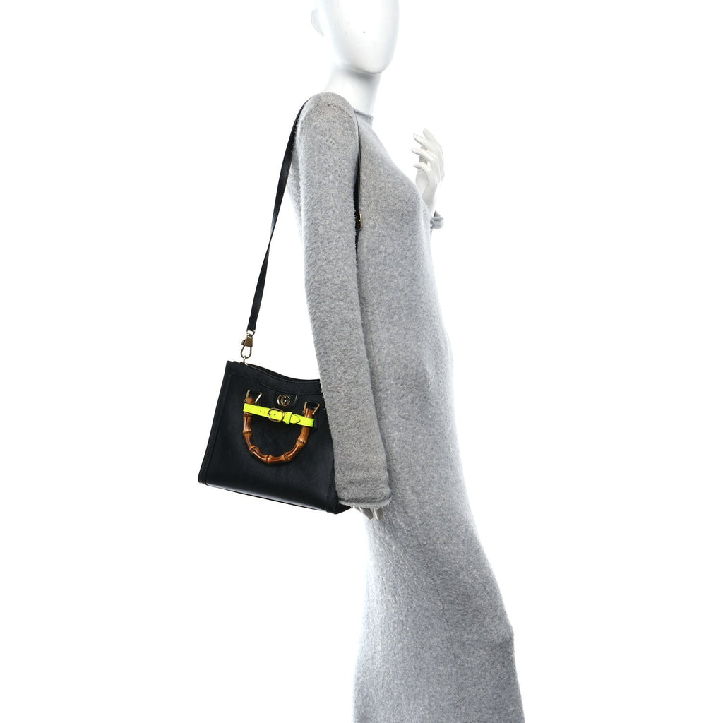 Gucci Calfskin Small Diana Tote Bag Black Yellow Fluo