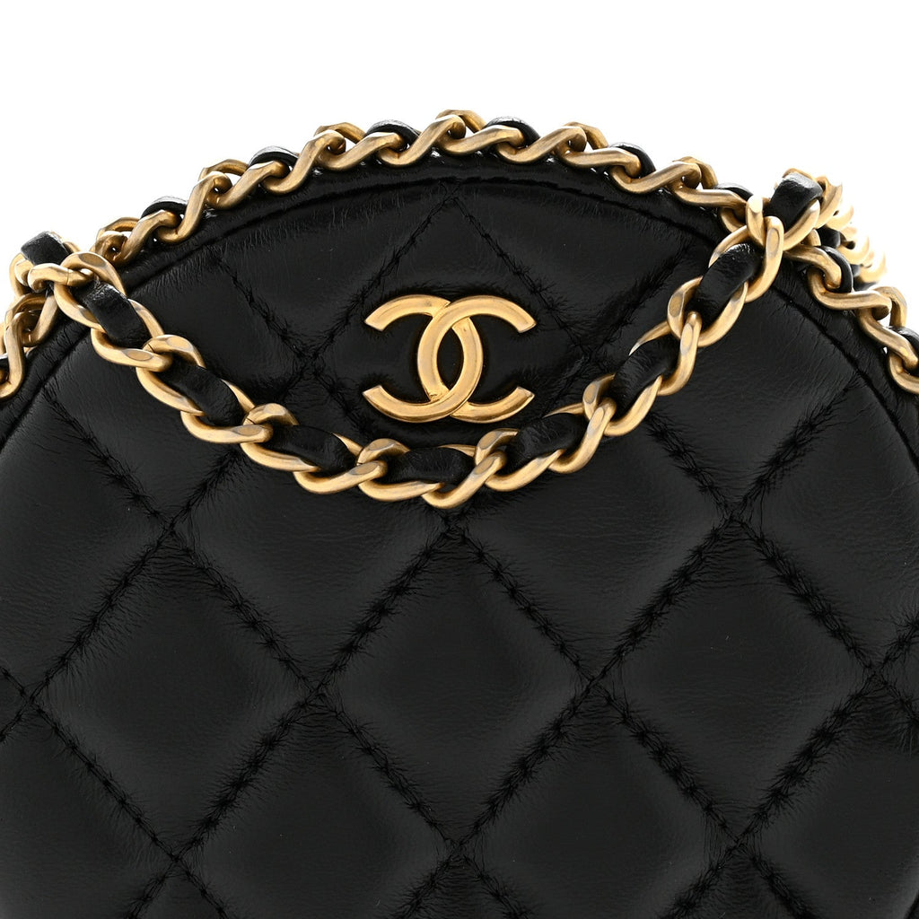 Chanel Lambskin Quilted Chain Around CC Round Clutch With Chain Black