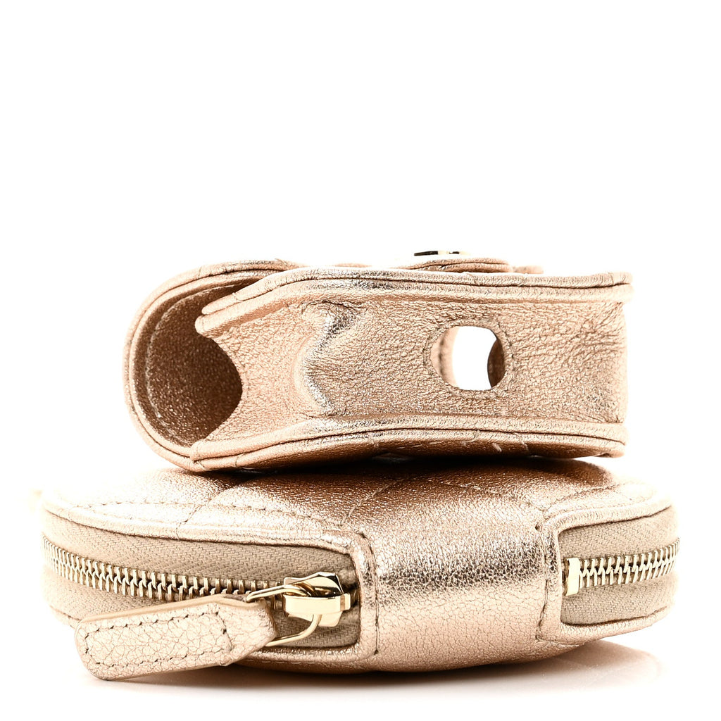 Metallic Lambskin Quilted Round Clip On Coin Purse Airpods Case Gold