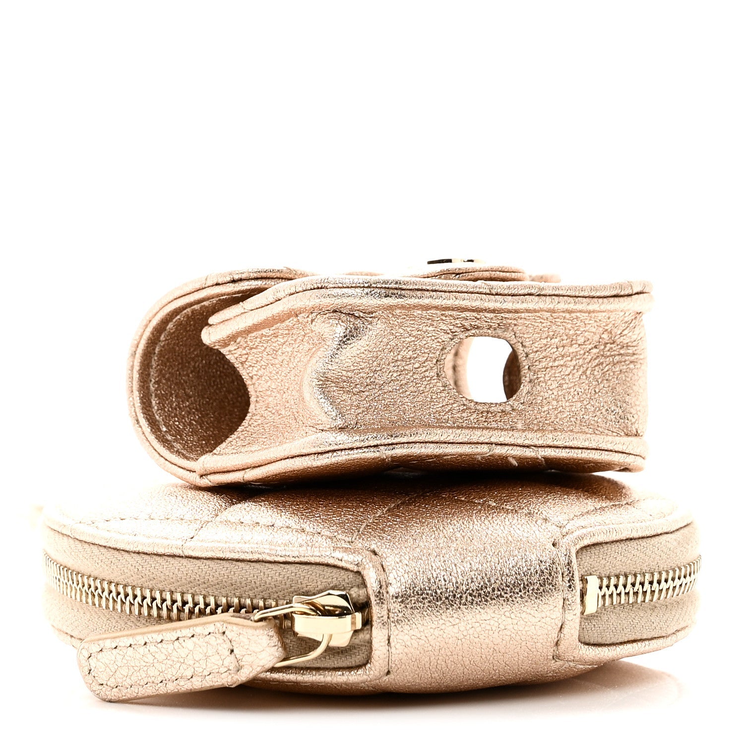 Metallic Lambskin Quilted Round Clip On Coin Purse Airpods Case Gold