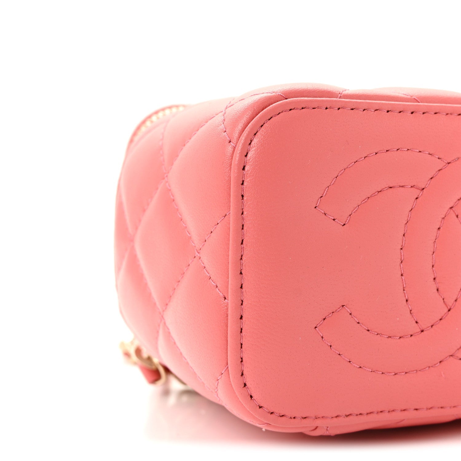 Chanel Lambskin Quilted Crystal Top Handle Mini Vanity Case With Chain Coral