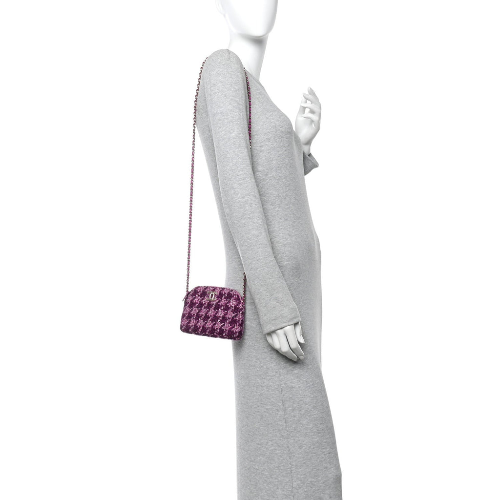 Chanel Tweed Quilted Mini Clutch With Chain Purple