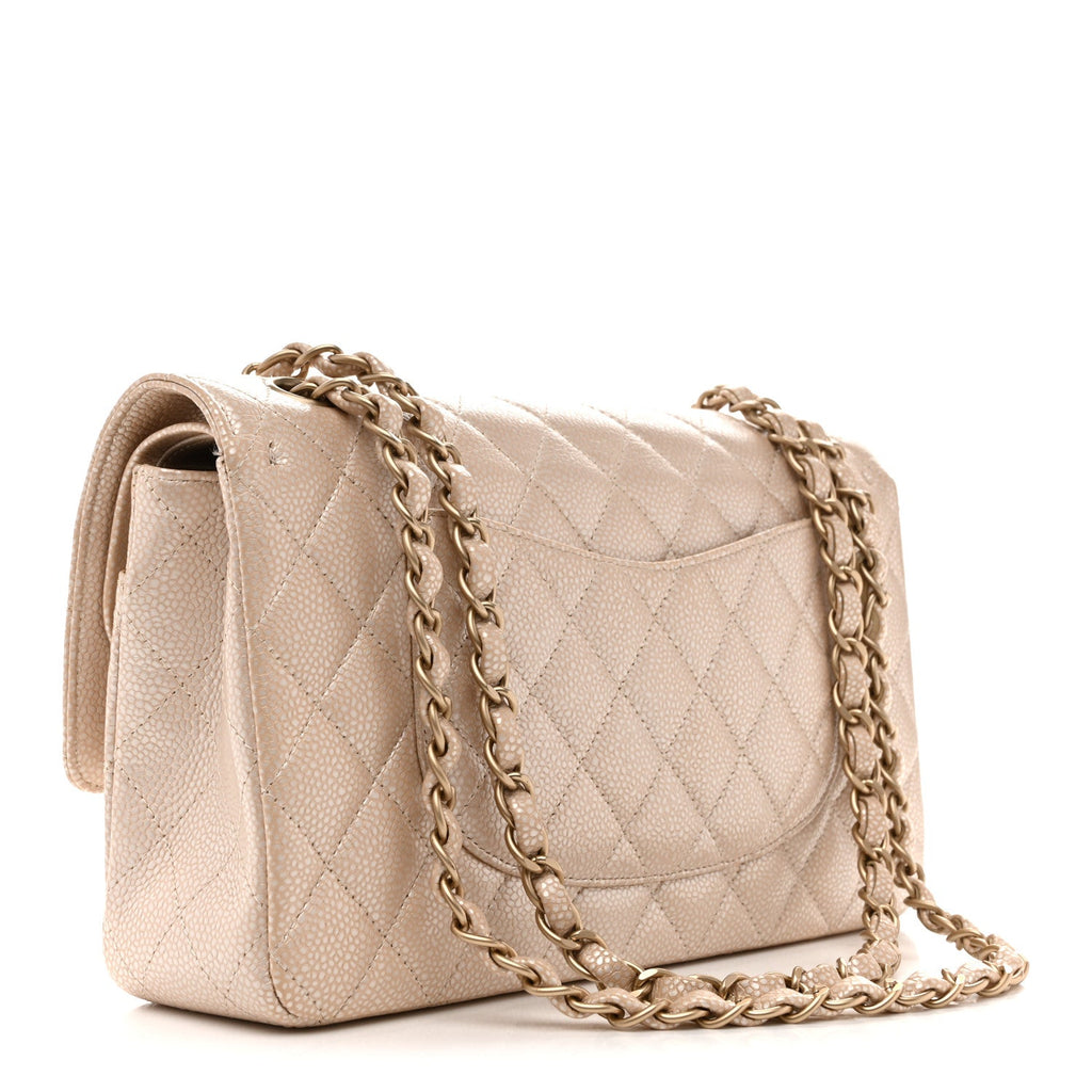 Chanel Pearly Caviar Quilted Medium Double Flap Light Beige