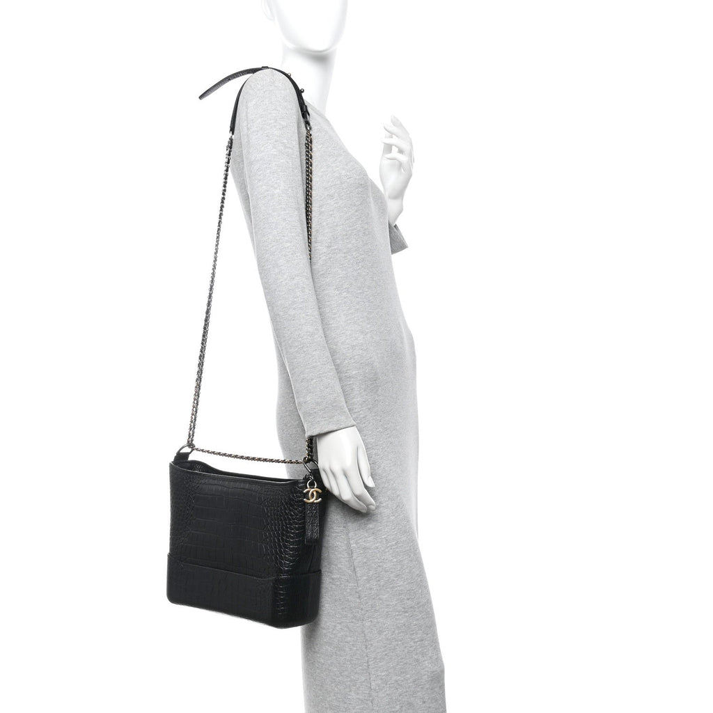 Chanel Crocodile Embossed Calfskin Medium Gabrielle Cocodile Hobo Black