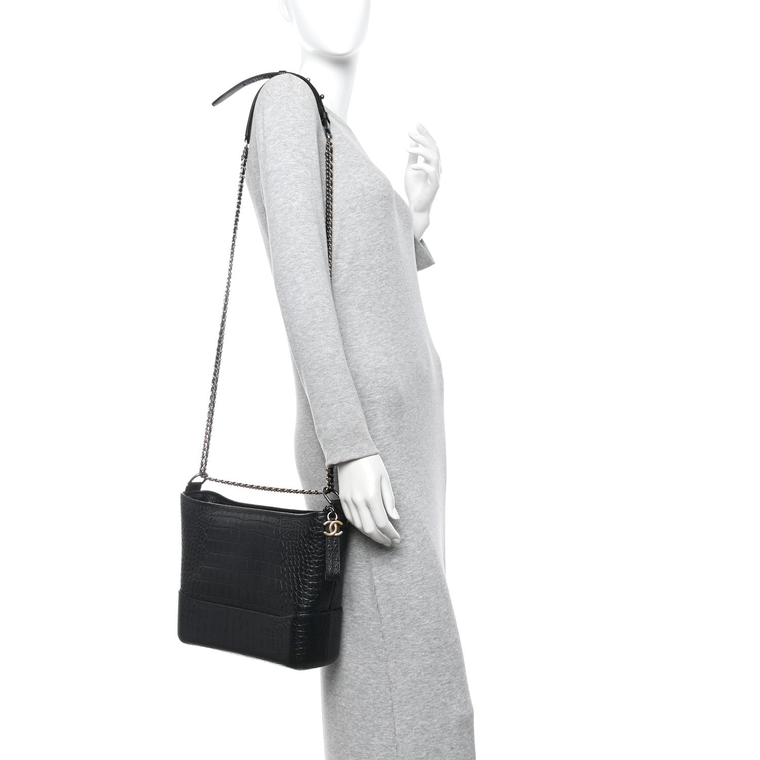 Chanel Crocodile Embossed Calfskin Medium Gabrielle Cocodile Hobo Black
