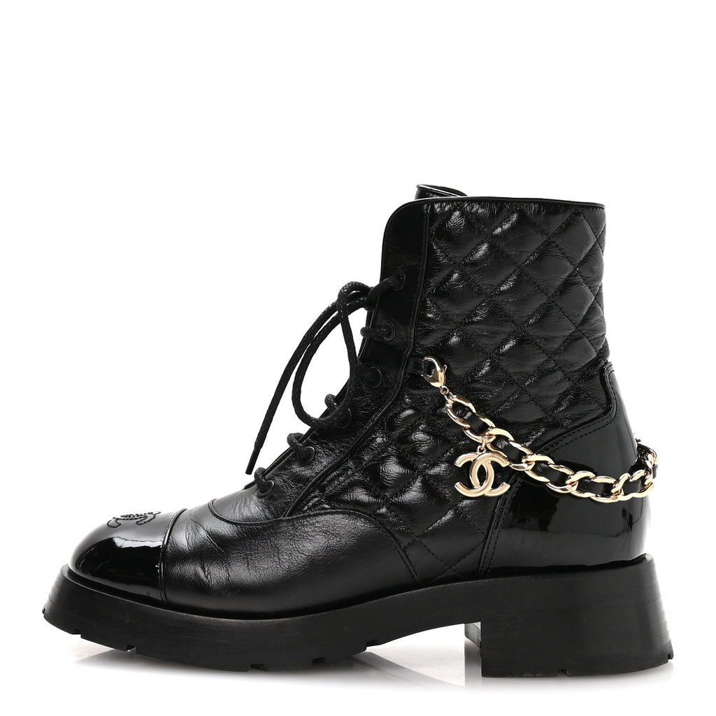 Chanel Shiny Calfskin Patent Quilted Chain Lace Up Combat Boots 40 Black