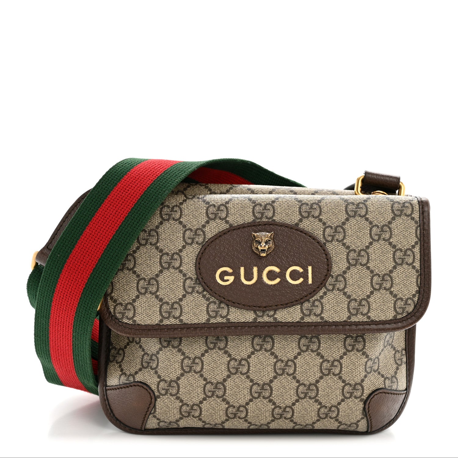 Gucci GG Supreme Monogram Web Small Neo Vintage Double Flap Messenger Bag Beige New Acero