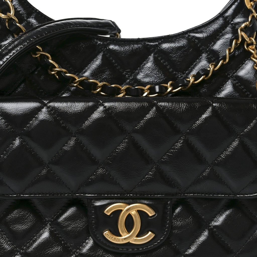 Chanel Shiny Crumpled Calfskin Quilted Wavy CC Hobo Black