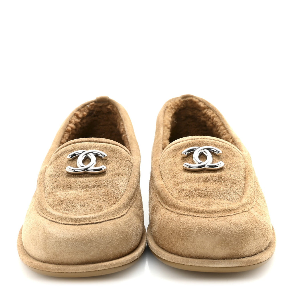 Chanel Suede Calfskin CC Loafers 37.5 Dark Beige