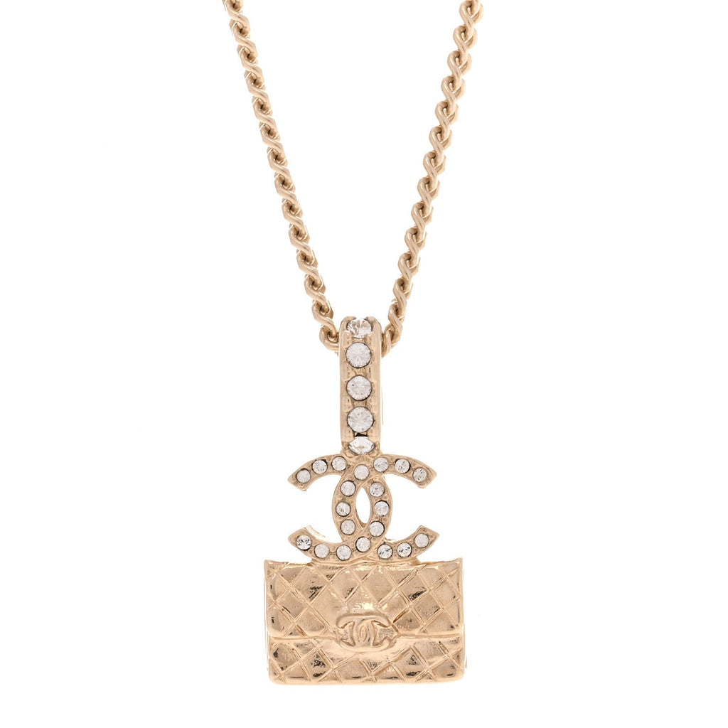 Metal Crystal Quilted Flap Bag Necklace Gold