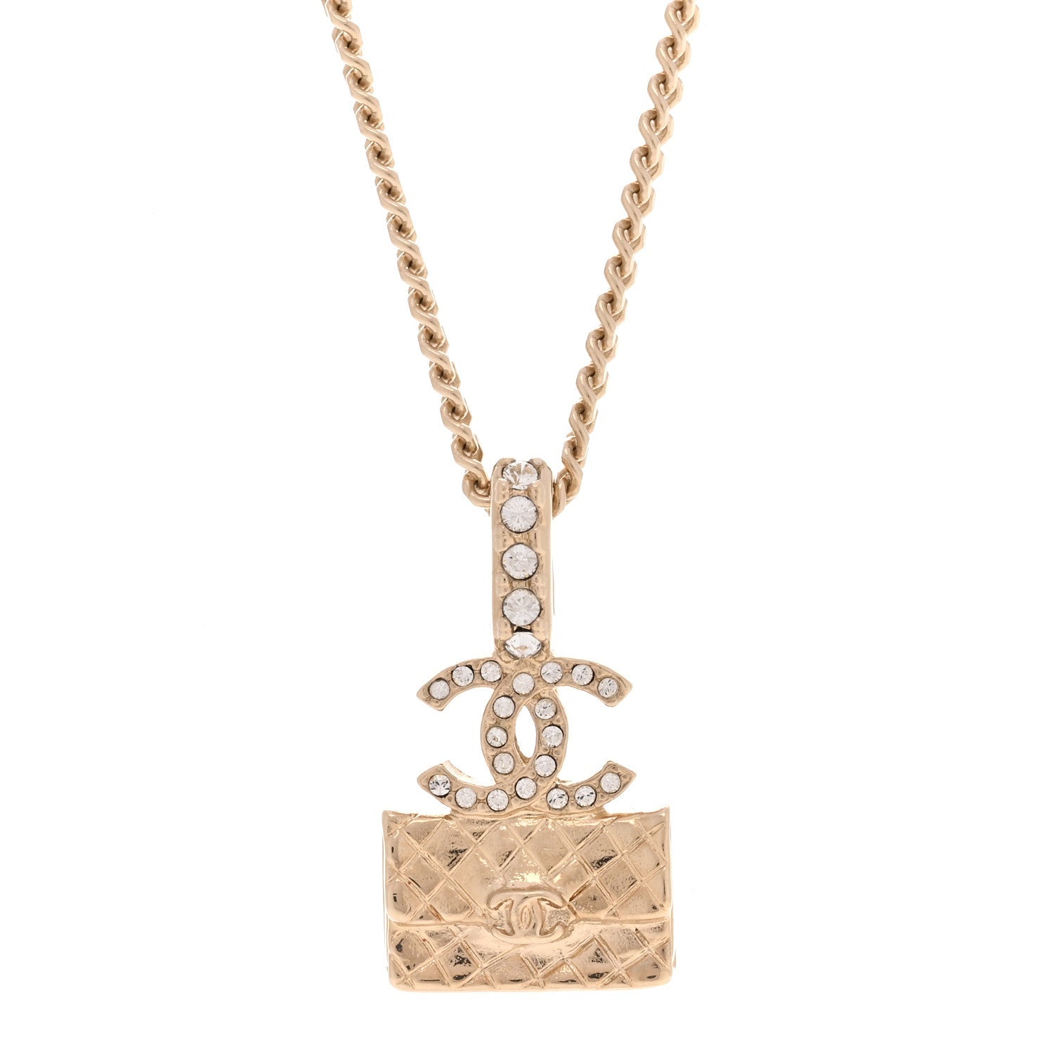 Metal Crystal Quilted Flap Bag Necklace Gold