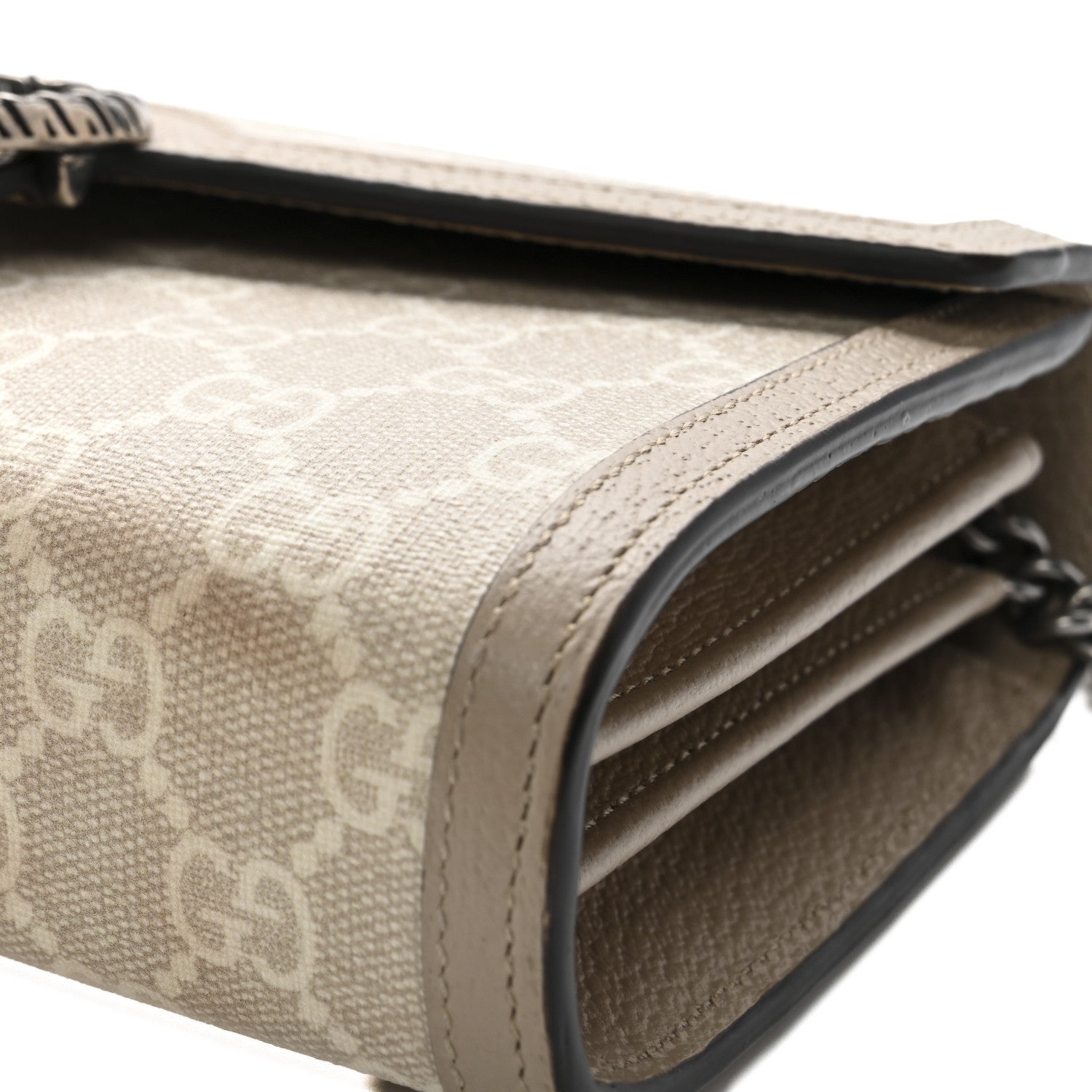 Gucci GG Supreme Monogram Textured Dollar Calfskin Mini Dionysus Chain Wallet Beige Mystic White Oatmeal