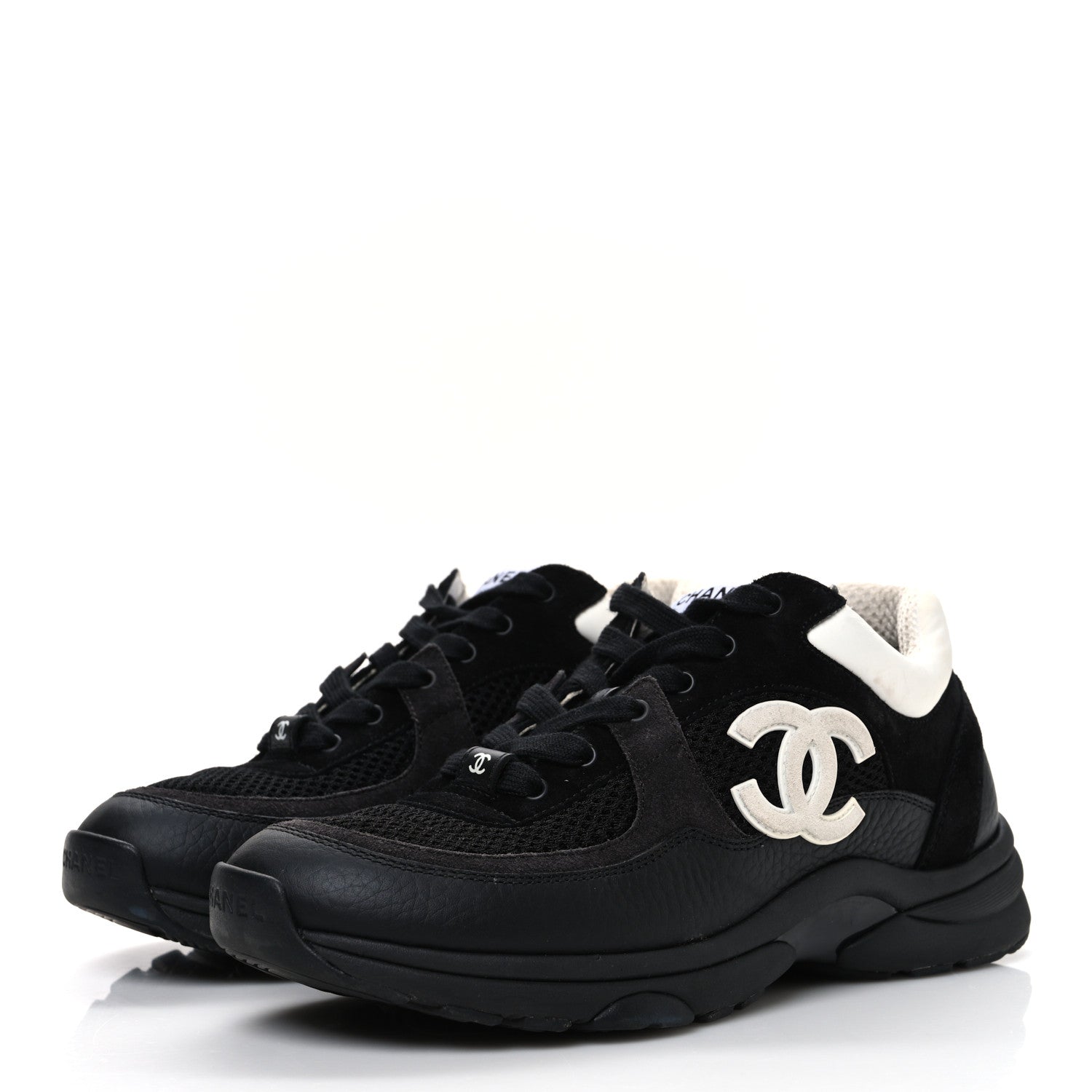 Mesh Suede Grained Calfskin Womens CC Sneakers 37.5 Black White