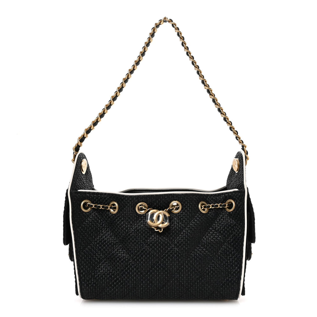 Chanel Braided Raffia Calfskin Quilted Mini Chanel 25 Handbag Black White