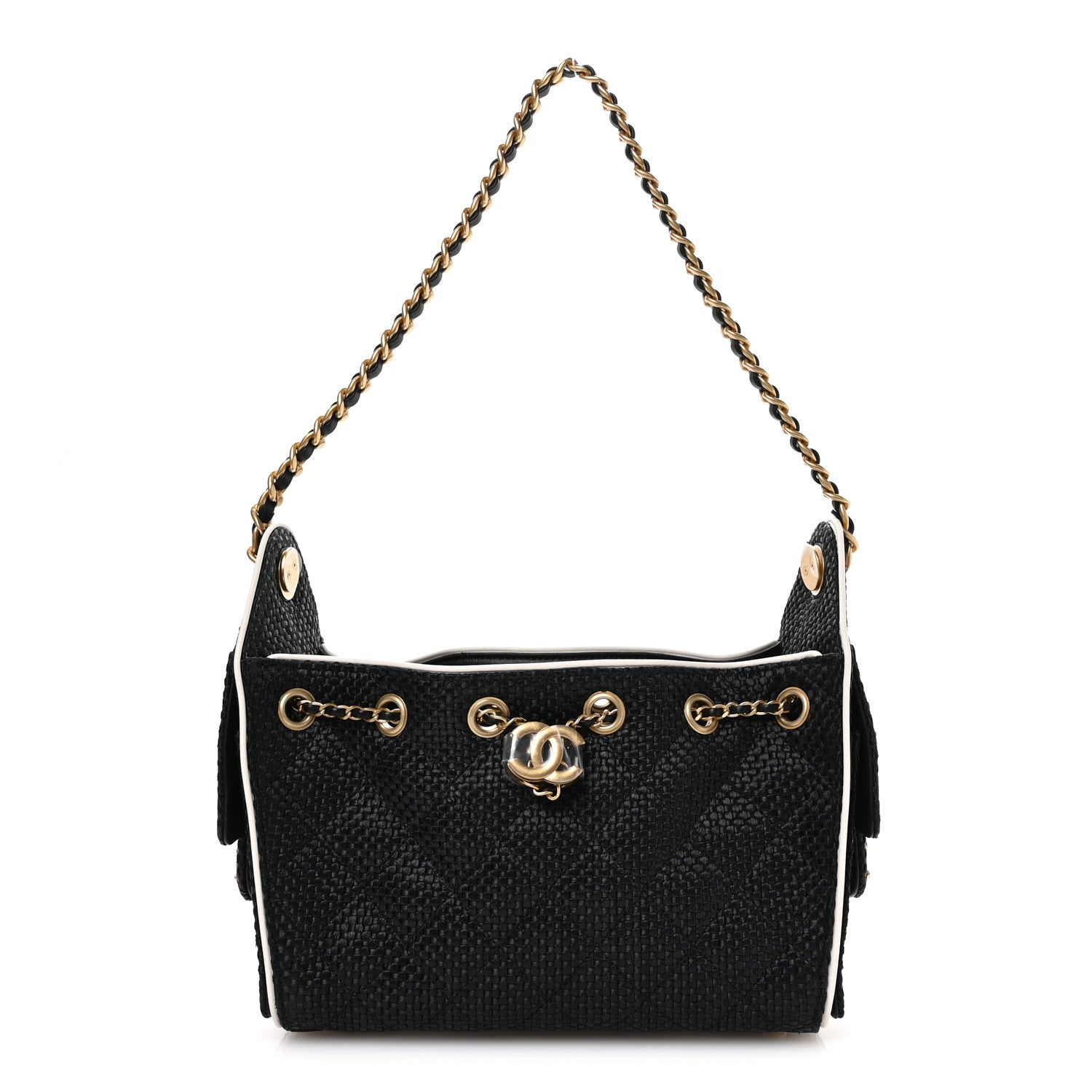 Chanel Braided Raffia Calfskin Quilted Mini Chanel 25 Handbag Black White
