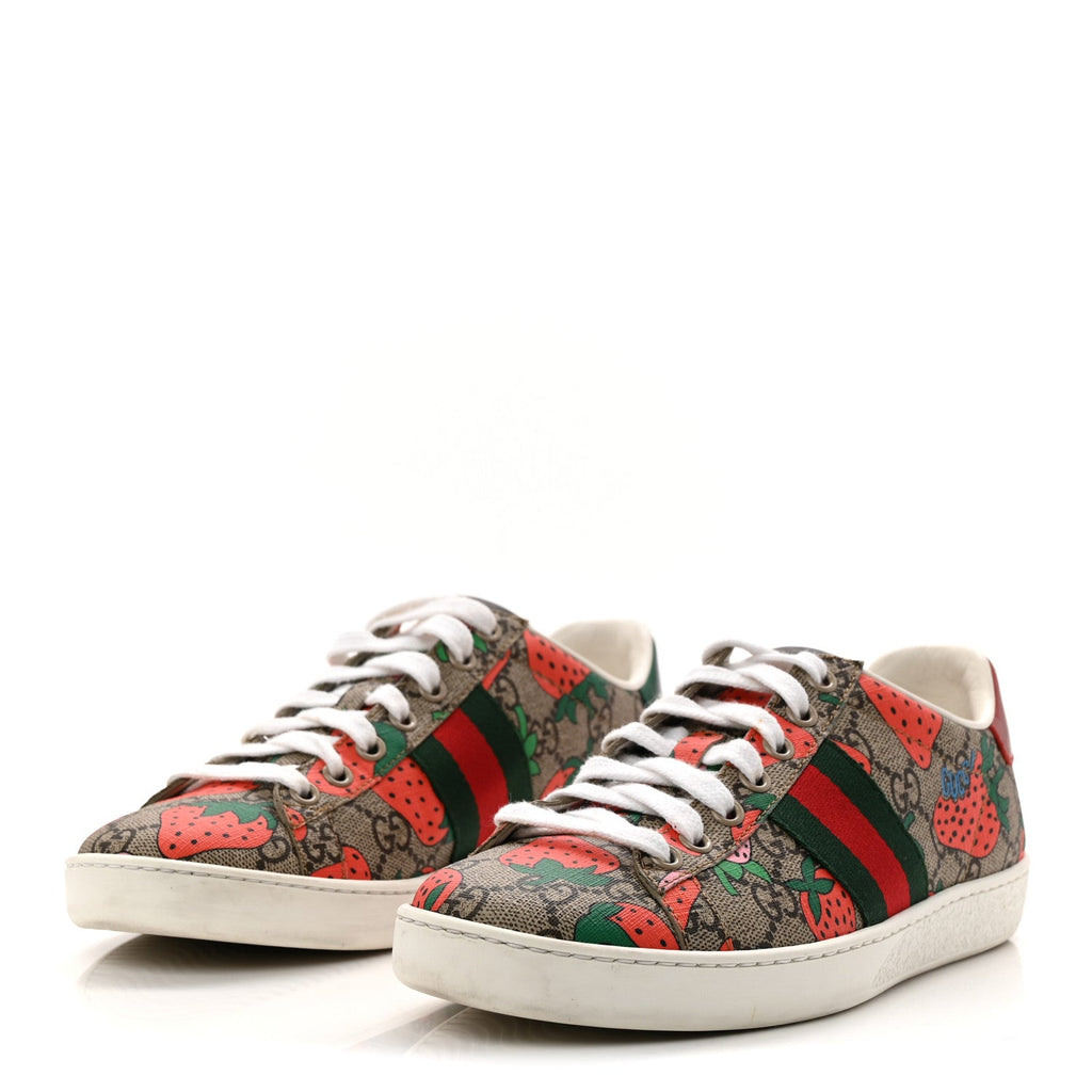 Gucci GG Supreme Monogram Strawberry Web Womens Ace Sneakers 36.5 Beige Multicolor Red Green
