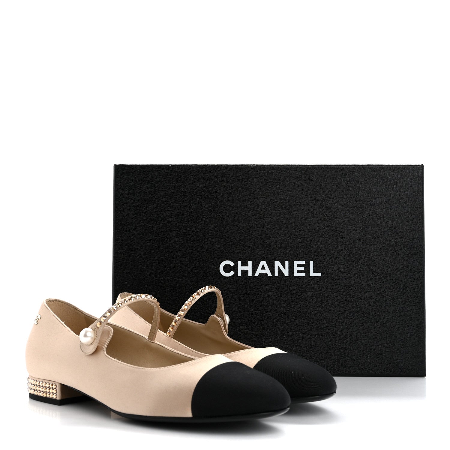 Chanel Strass Satin Grosgrain Mary Jane Flats 38.5 Beige Black