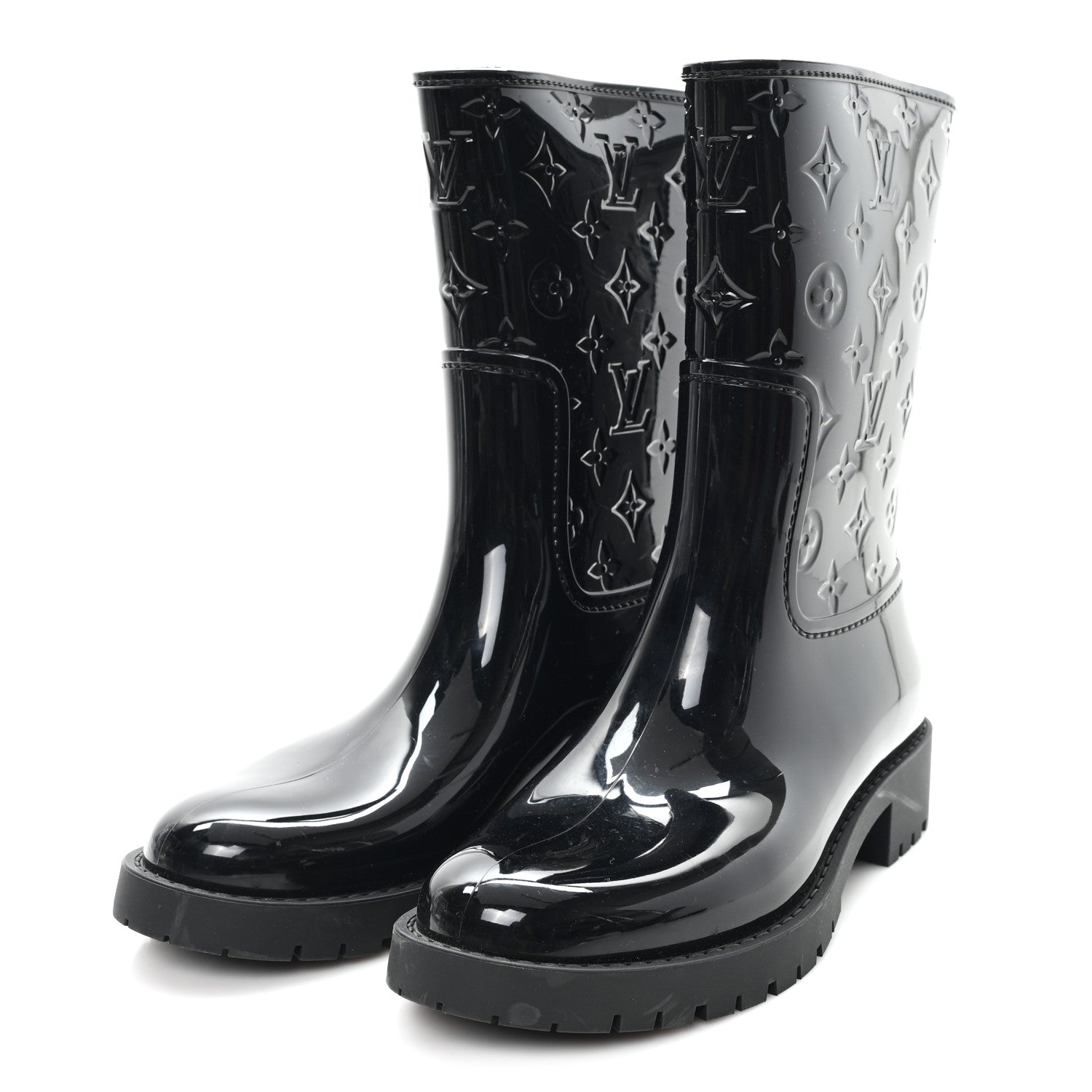 Louis Vuitton Rubber Embossed Monogram Drops Flat Half Boots 38 Black