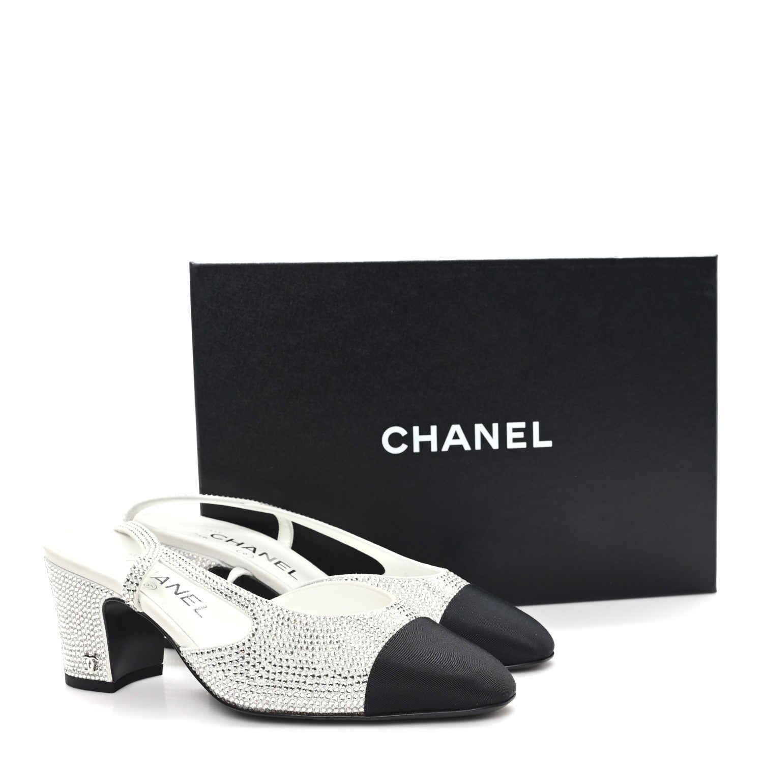 Chanel Strass Grosgrain Cap Toe CC Slingback Pumps 36 Silver Black