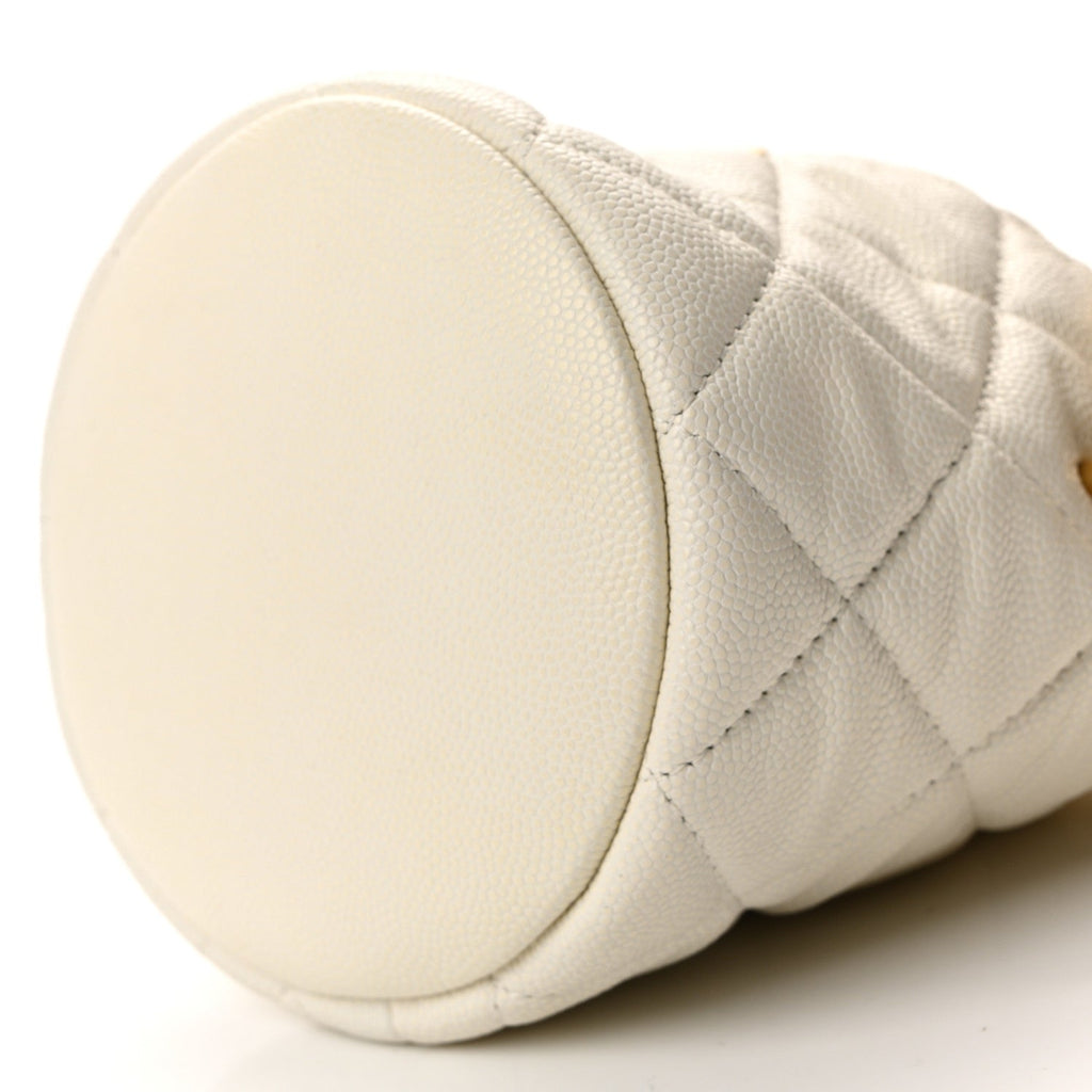 Chanel Caviar Quilted Coco First Bucket Clutch With Chain White