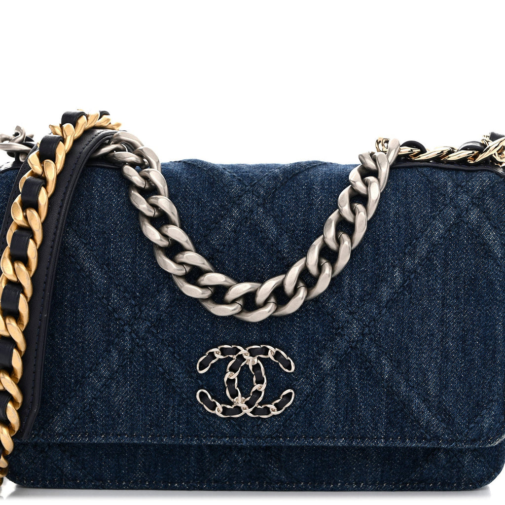Chanel Denim Quilted Chanel 19 Wallet On Chain WOC Blue