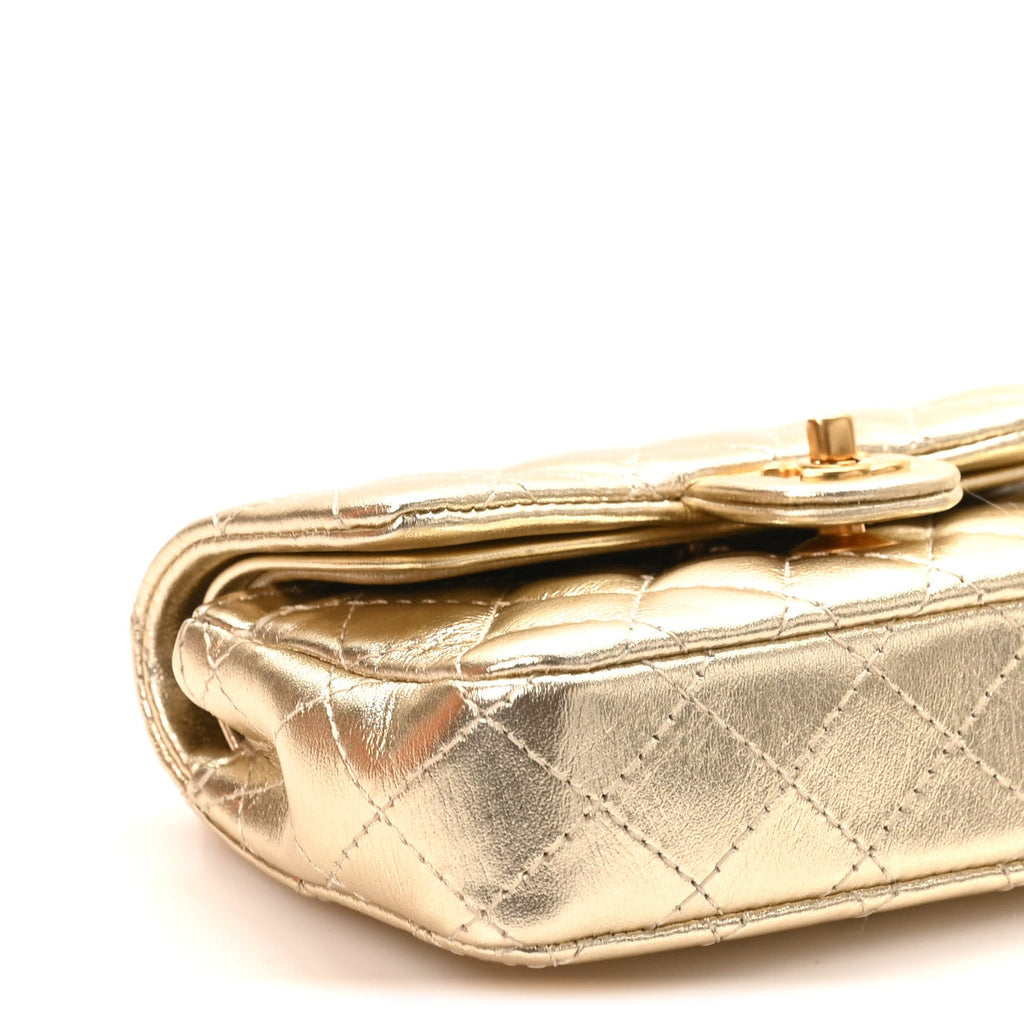 Metallic Calfskin Quilted Mini Flap Bag Charm With Hook Golden