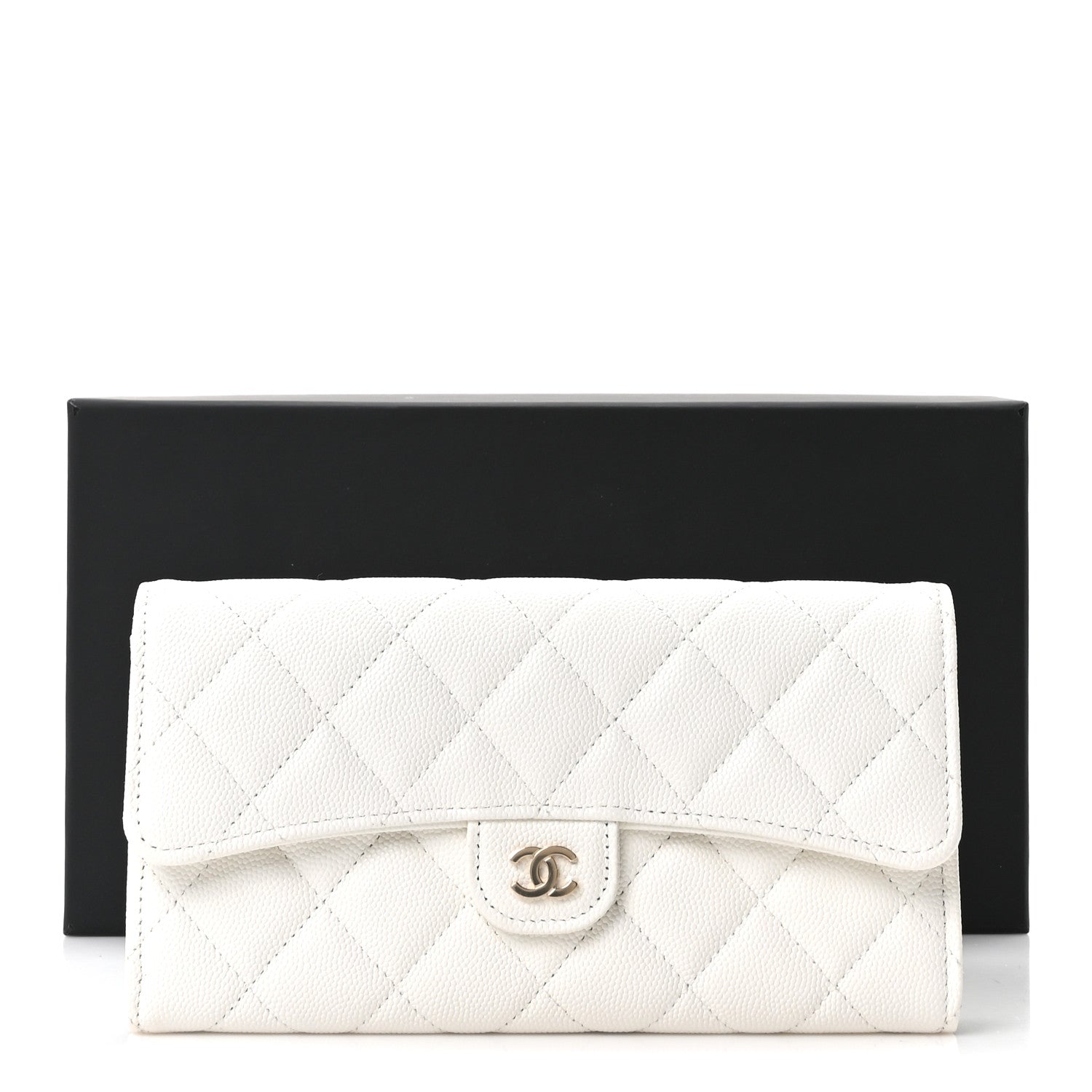 Caviar Quilted Large Gusset Flap Wallet White