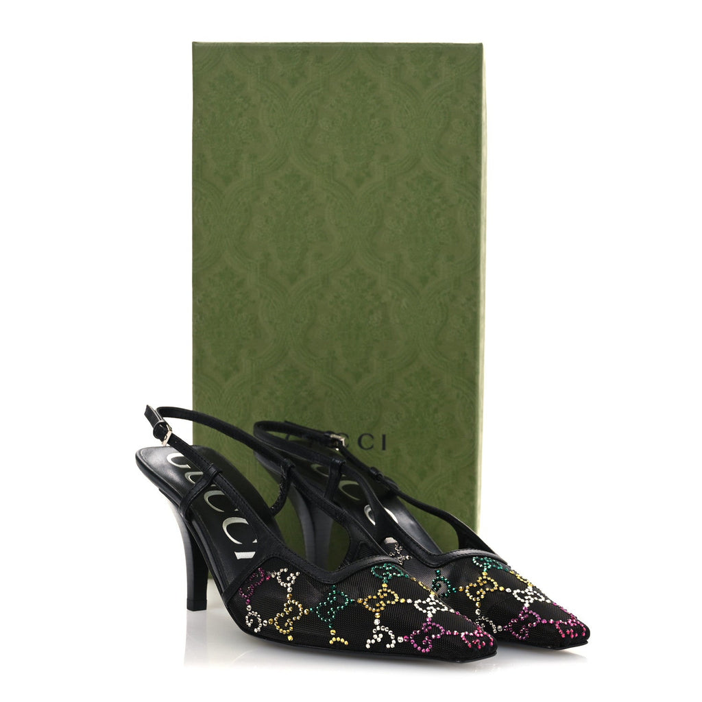 Gucci Tela Retino Nappa Charlotte Crystal GG Monogram Square G 75mm Slingback Pumps 37 Black
